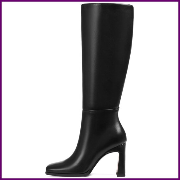 Knee High Wide Calf Boots Square Toe Chunky Heel Leather Tall Booties
